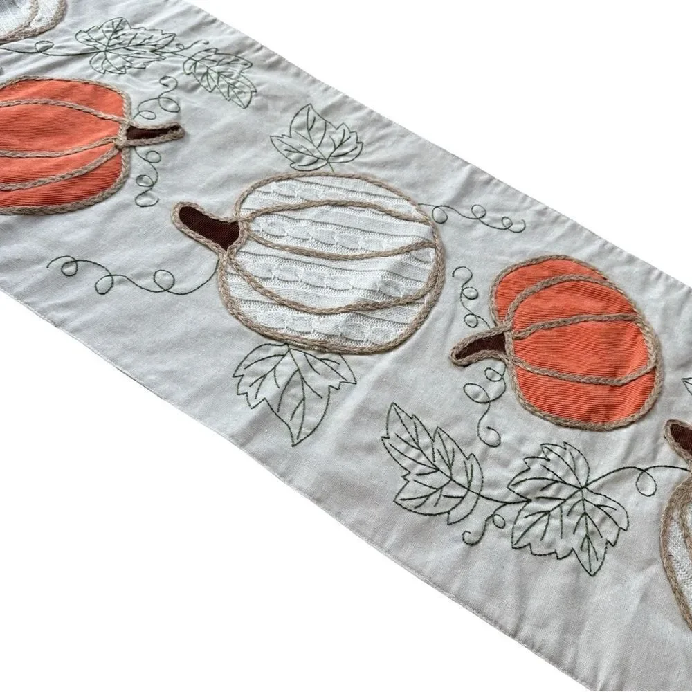 Shabby Chic Table Runner Pumpkins Appliqués & Vines Leaves Cotton 16” x 48” NWT